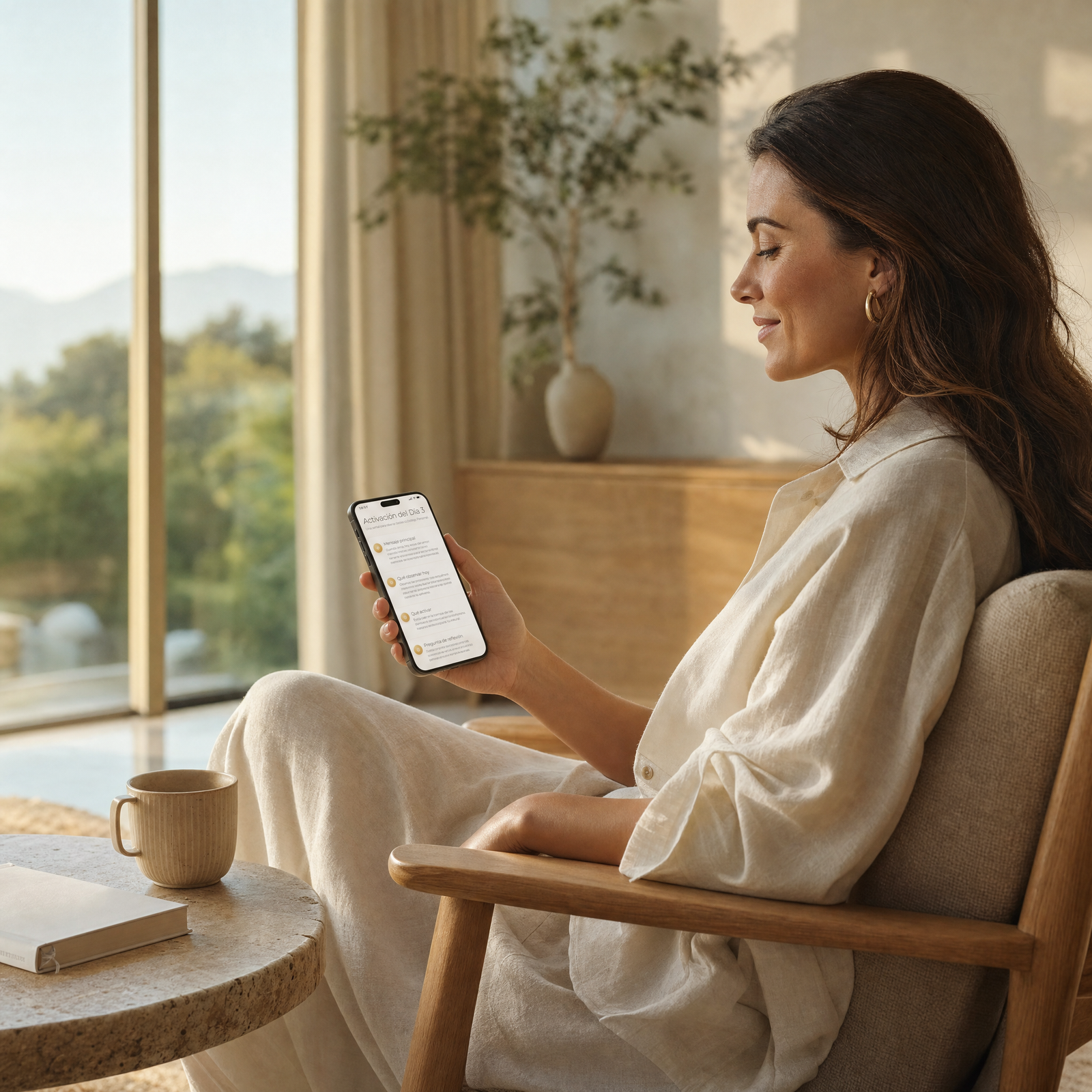 A woman sitting by a window, reading her daily activation on the Abundance Code app