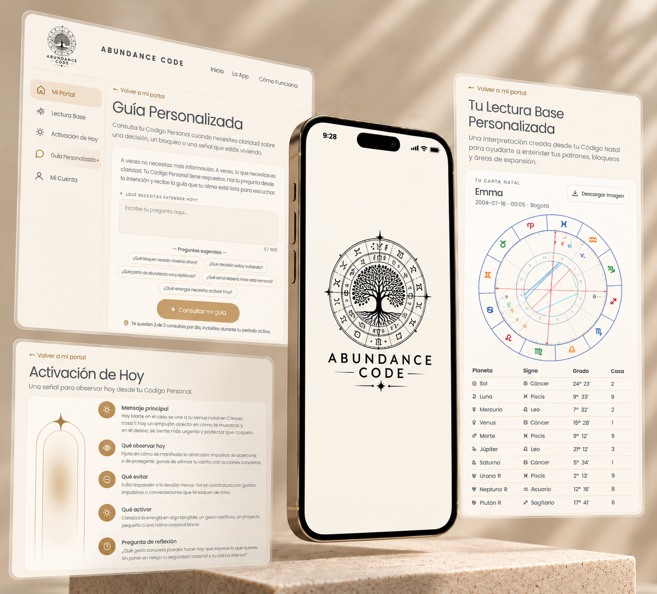 The Abundance Code app on tablet and phone: the portal, the natal chart and the daily activation