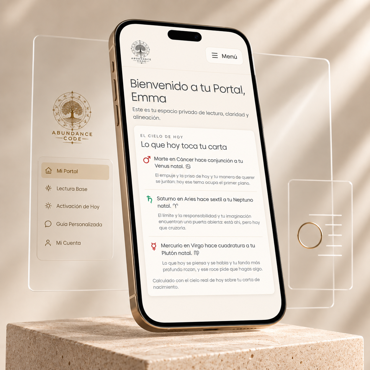 The home screen of the Abundance Code portal on a phone