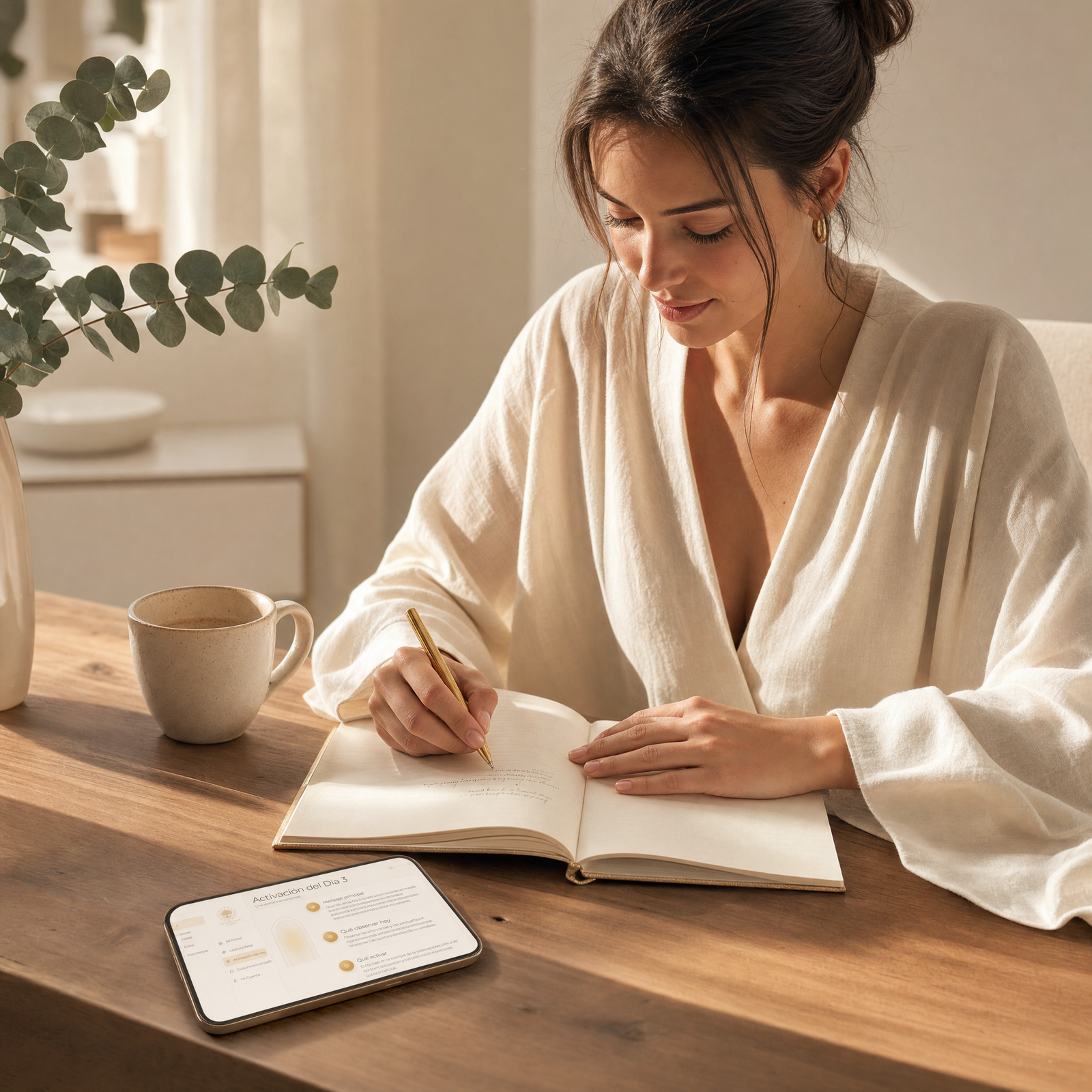 Woman journaling in the morning, with her guidance for the day open on the tablet