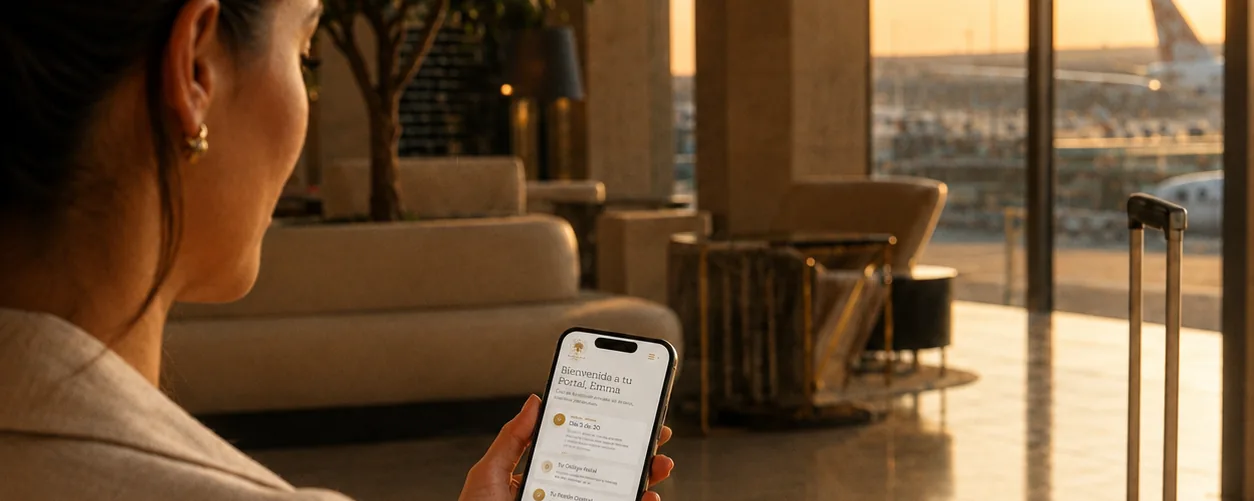 A woman checking her portal on her phone in a waiting lounge at sunset