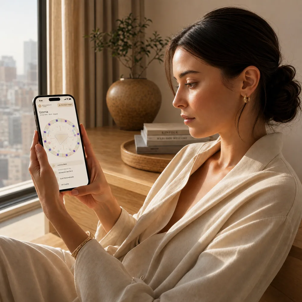 A woman reading her natal chart on her phone, sitting by a window in morning light
